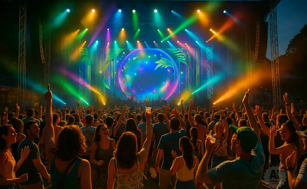 A lively crowd at an outdoor concert, with hands raised in excitement under colorful stage lights.
