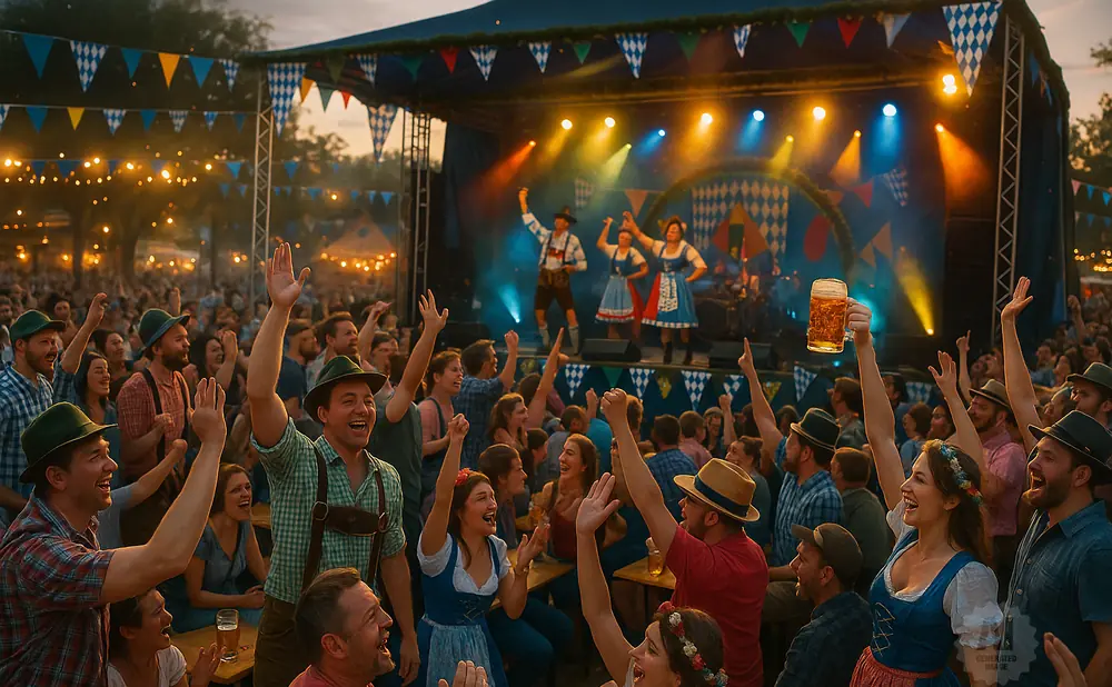 Crowd at Oktoberfest cheers as performers on stage sing and dance.