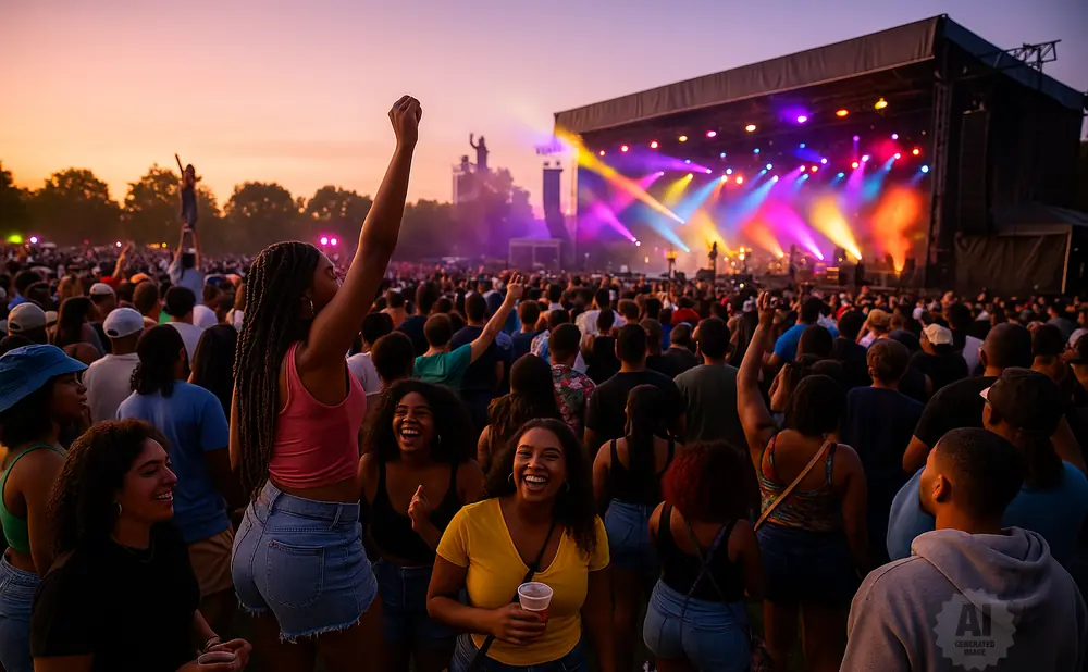 People enjoying a concert at sunset, with a band on stage lit by colorful lights.