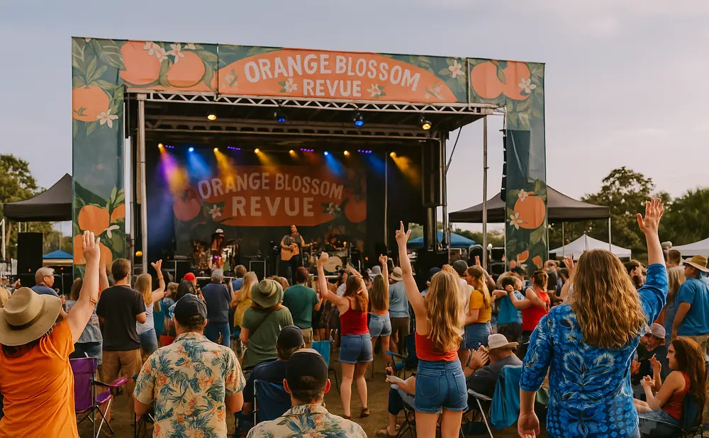 People enjoy an outdoor concert, raising their hands in enthusiasm before a stage decorated with oranges.