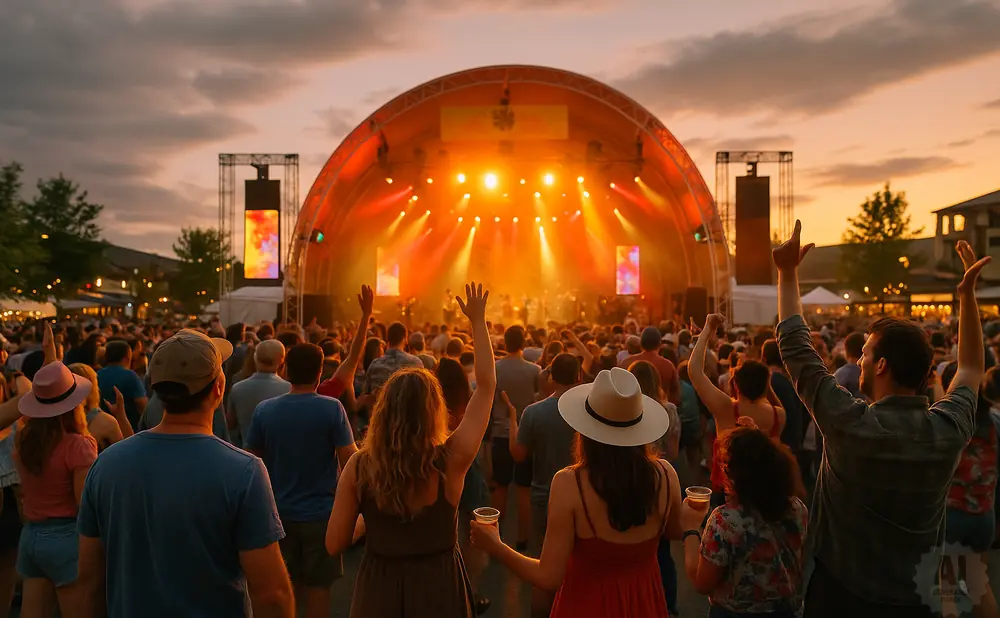 Crowd at an outdoor concert with a band on stage under a bright, warm sunset.