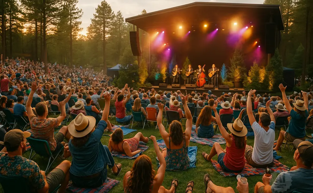 Outdoor concert with band on stage, audience sits on grass in front of a stage at sunset.