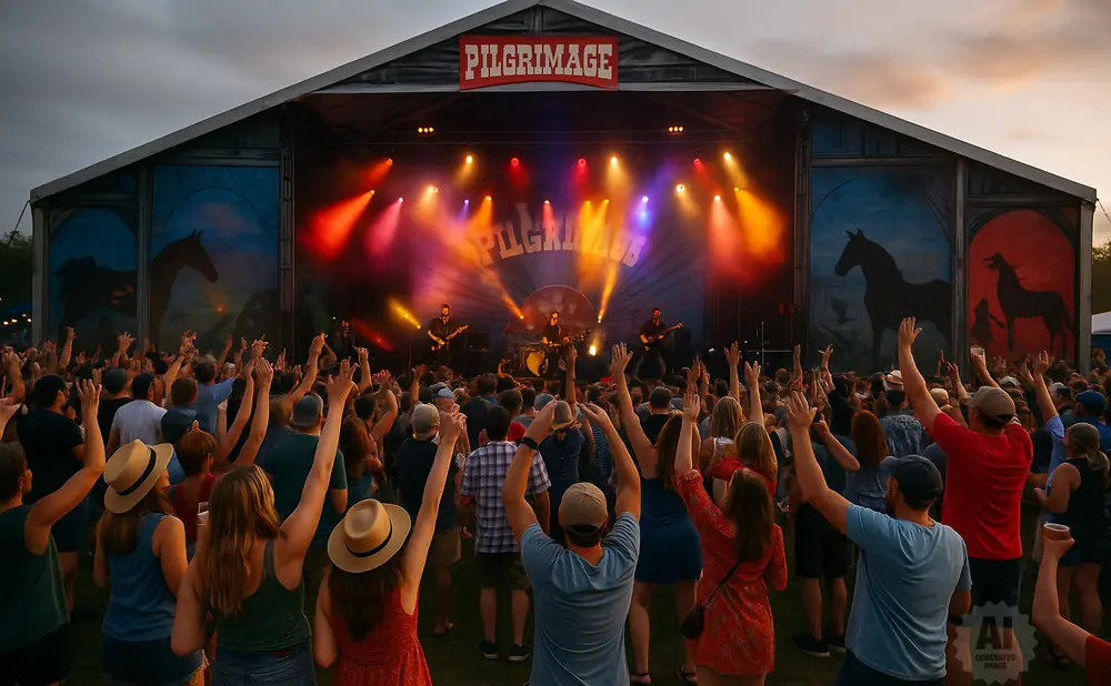 Crowd with hands raised at a festival stage with a band playing at sunset.