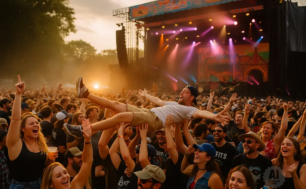 Man crowd-surfing at a music festival, arms outstretched, as the crowd cheers under stage lights and sunset.