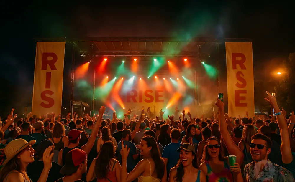 A crowd cheers at a nighttime outdoor concert with stage lights and banners reading 
