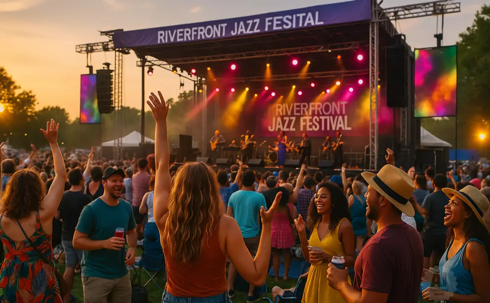 People with raised hands enjoy a band performing on stage at the Riverfront Jazz Festival at sunset.