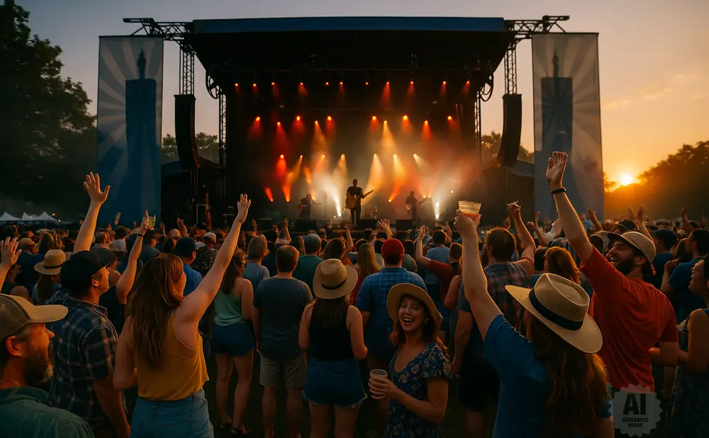 Crowd cheering at an outdoor concert at sunset, with stage lights illuminating the performers.