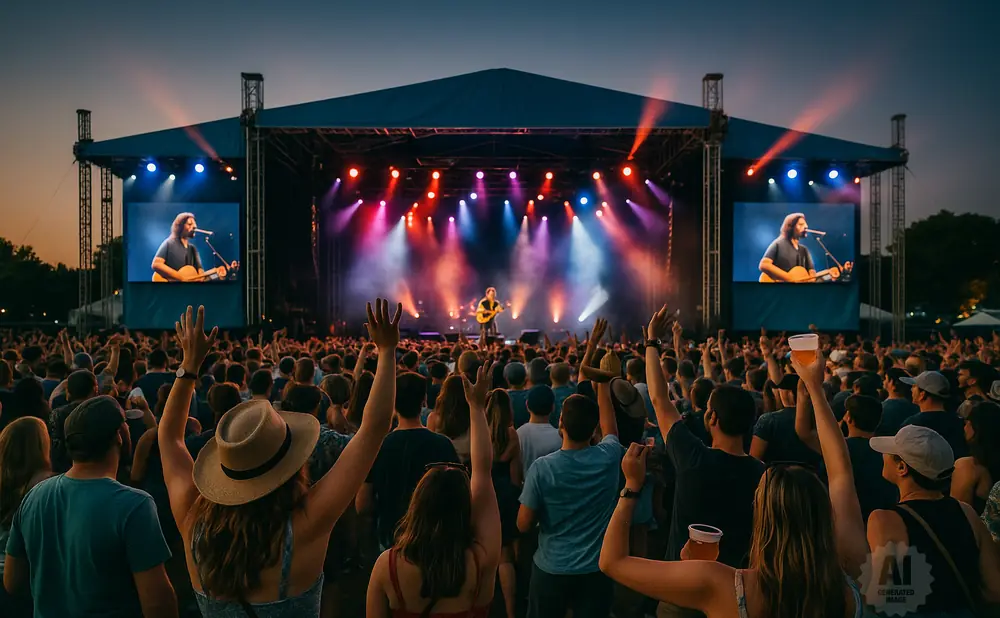 Crowd at a concert with hands raised, watching a musician perform on stage with screens showing close-ups.