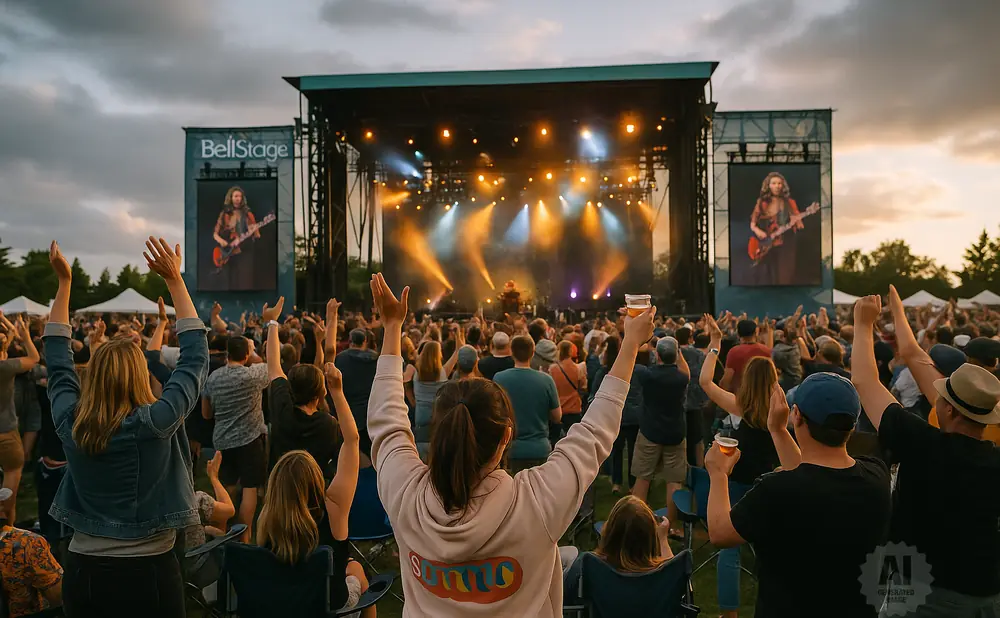 Crowd with hands raised at an outdoor concert, with a stage and screens showing performers.