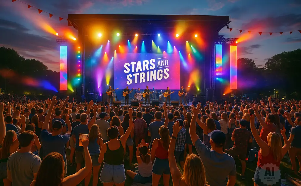 A band plays on stage at a concert with a large crowd enjoying the show.