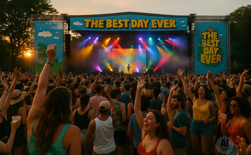 People at a festival cheer with hands raised in front of a stage with 