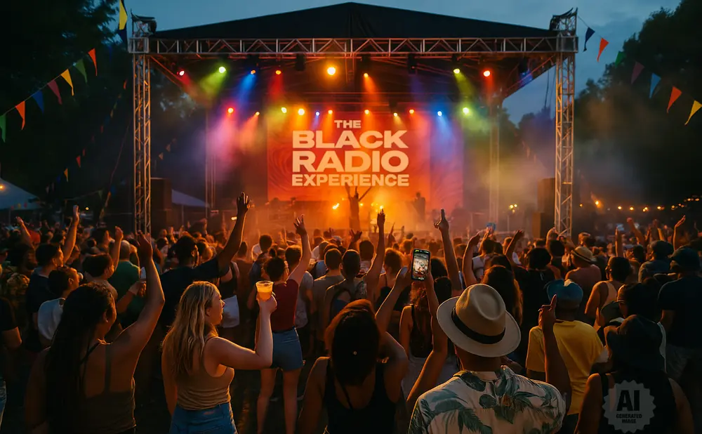 Crowd at an outdoor music festival, hands raised, facing a stage with 
