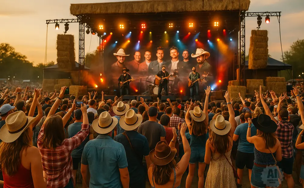 A crowd cheers at a country music festival in front of a stage with performers and large photos of band members.