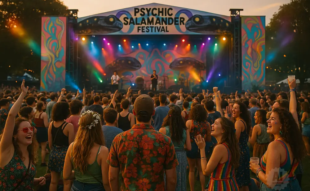 People enjoy a concert at the Psychic Salamander Festival, with a stage featuring colorful lights and psychedelic art.
