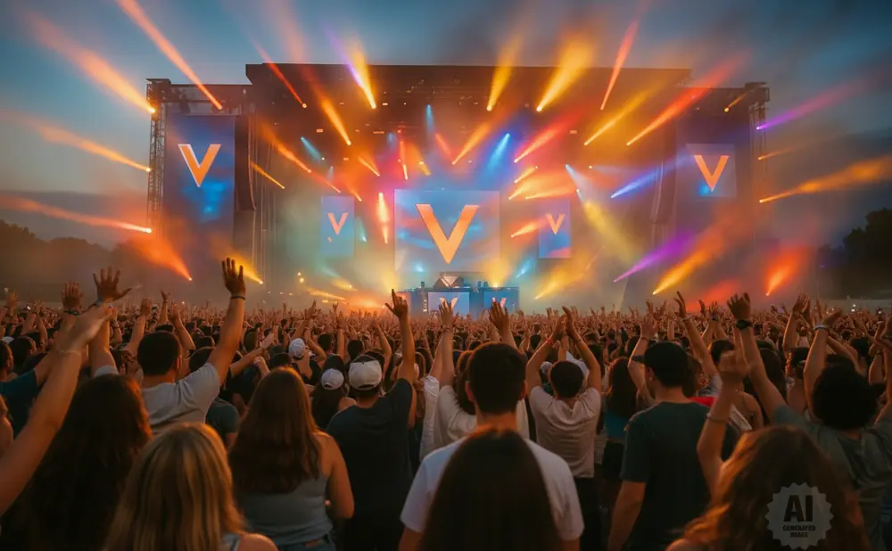 A concert crowd cheers with hands raised as vibrant lights flash from a stage with a large 
