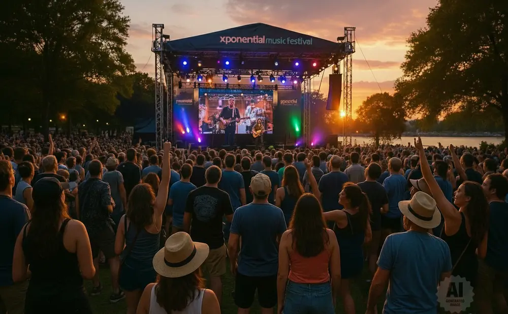 Crowd watches band perform on stage at outdoor festival at sunset.