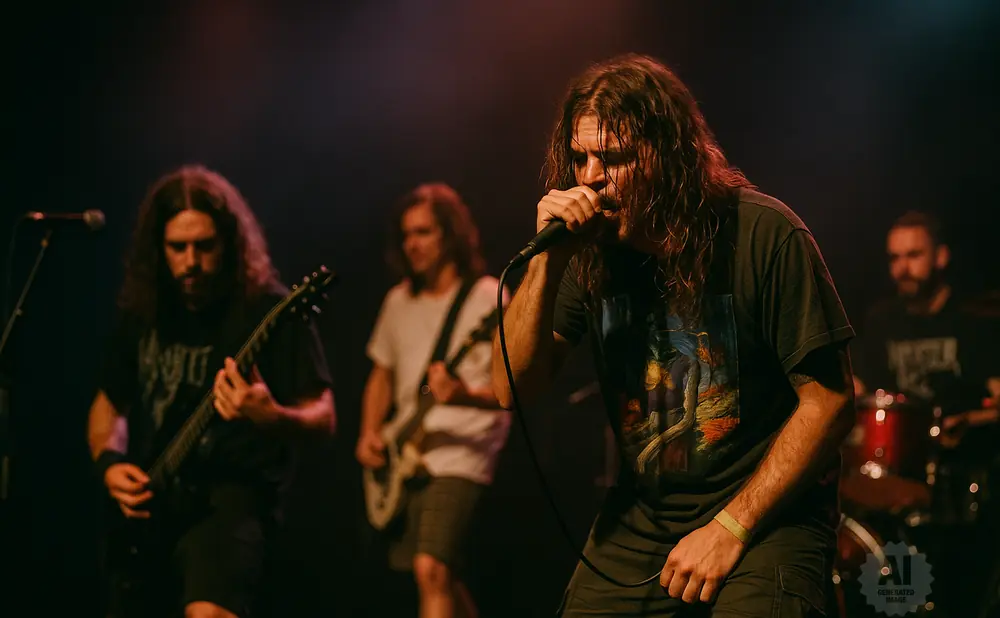 A metal band performs on stage with the lead singer in the foreground.