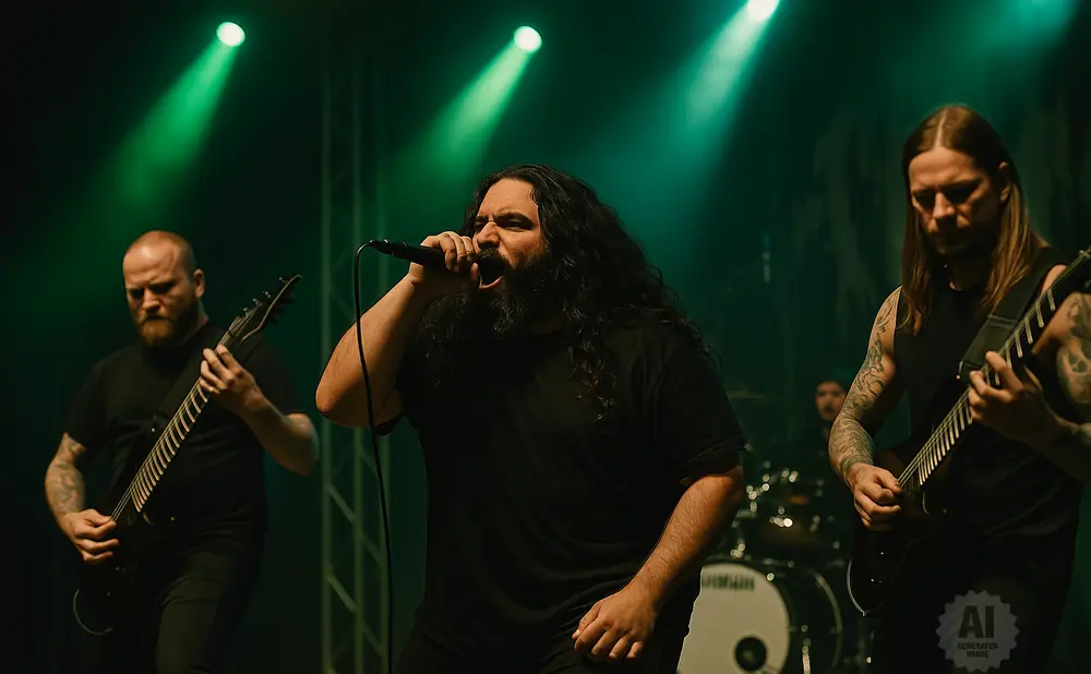 A metal band performs on stage, with a vocalist singing into a microphone and two guitarists playing.