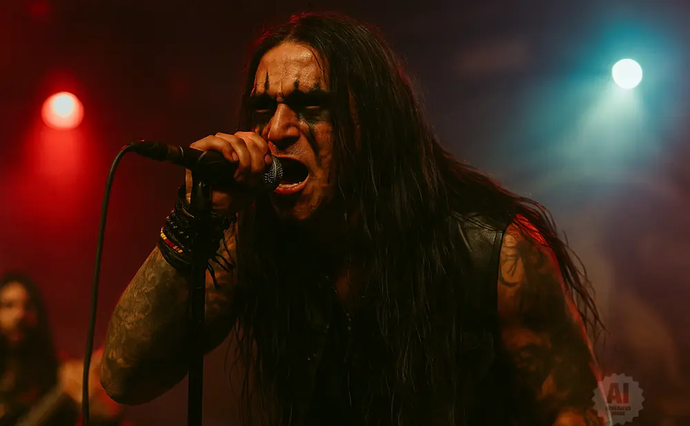 A man with long dark hair and face paint sings into a microphone on stage.