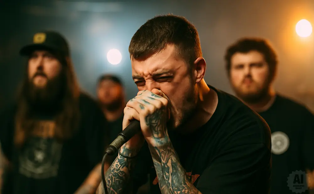 A man with tattoos sings into a microphone, with two bandmates behind him.