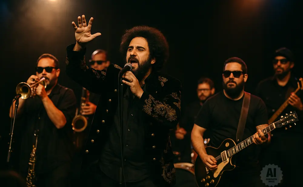 A band performs on stage; the lead singer with an afro sings into a microphone while holding his hand up.