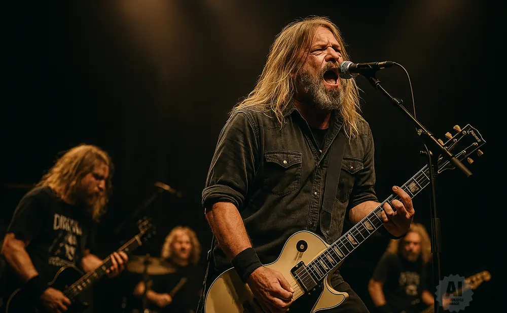 A lead singer and guitarist with long blonde hair and a beard, singing into a microphone and playing a white electric guitar.