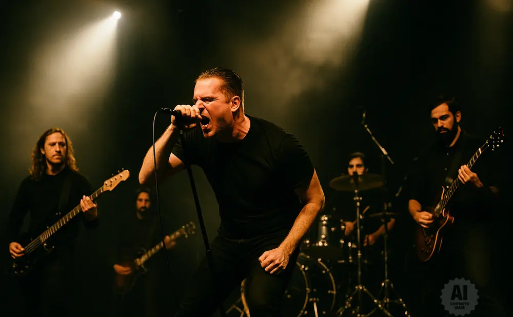 A male singer in a black t-shirt screams into a microphone on a dark stage, with bandmates playing guitar and drums behind him.