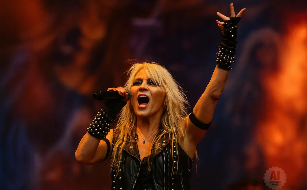 A blonde female singer with spiked gloves and a leather vest sings into a microphone with her arm raised.