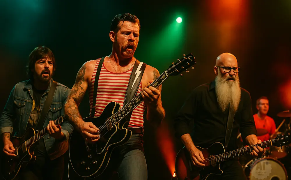 A rock band performs on stage, with three guitarists and a drummer.