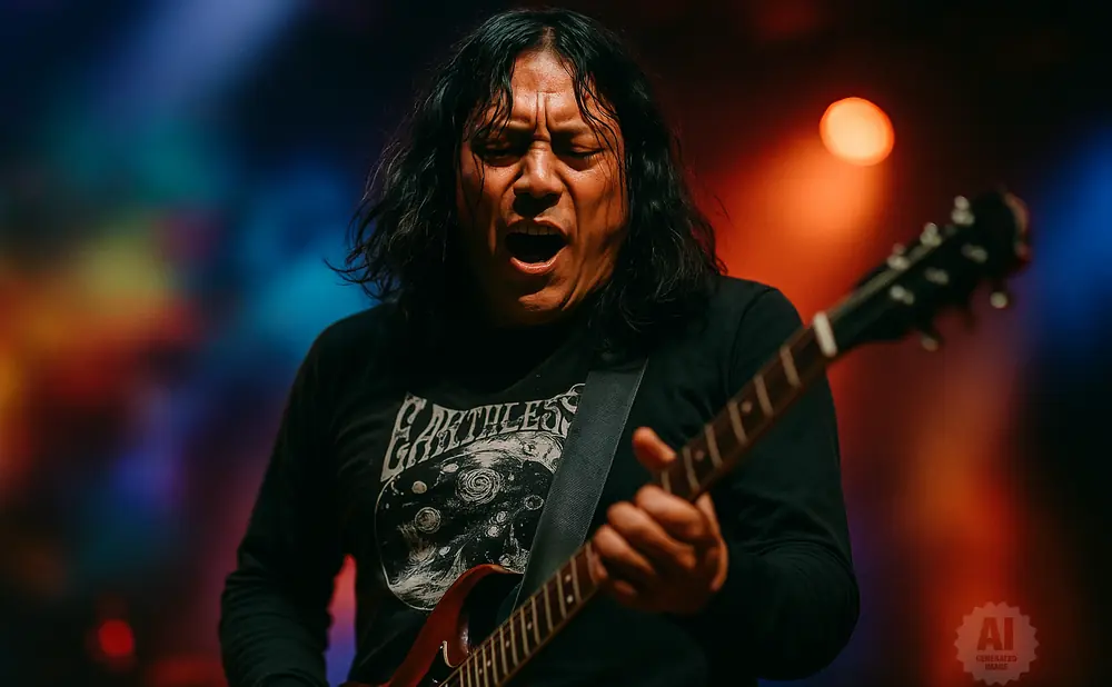 Musician with long black hair plays a guitar onstage with colorful lights in the background.