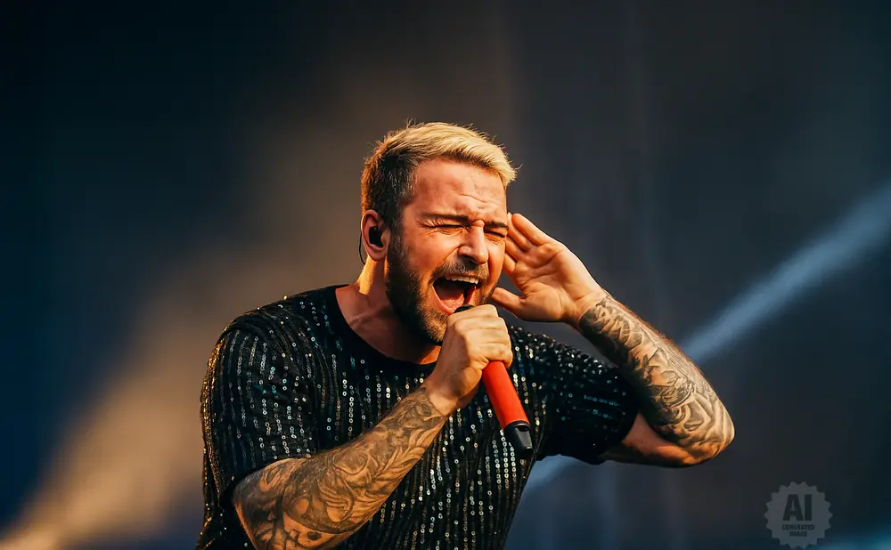 Man with blonde hair and tattoos sings passionately into a red microphone, holding his other hand to his ear.