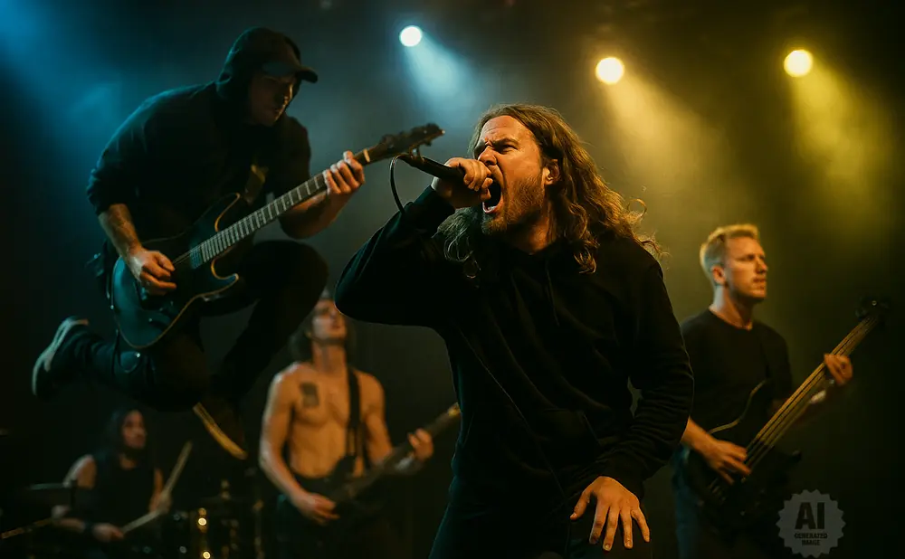 A heavy metal band performs on stage with dramatic lighting. The lead singer is front and center, singing into a microphone.