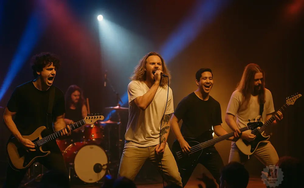 A rock band performs live on stage, with a lead singer in the center, guitarists on either side, and a drummer in the background.