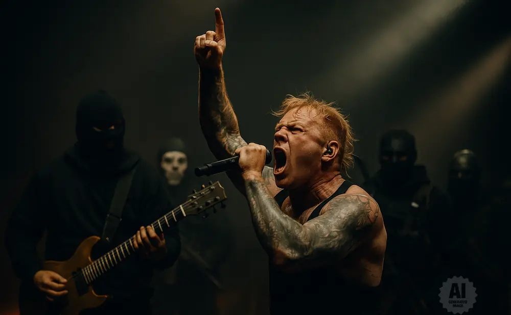 A male singer with blonde hair and tattoos screams into a microphone while other masked figures play instruments behind him.