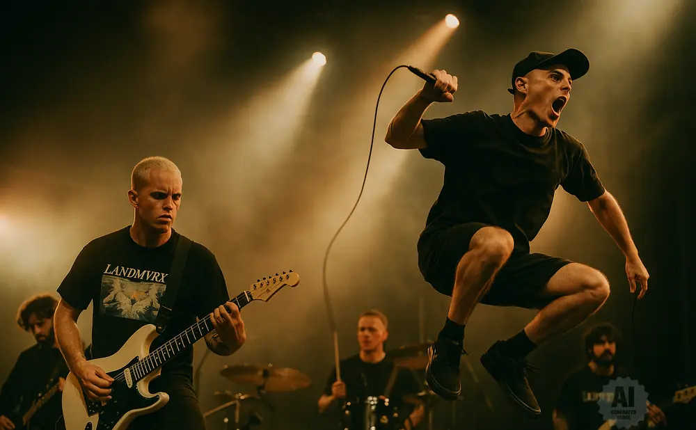 A band performs live, with a singer jumping while holding a microphone, a guitarist playing a white guitar, and a drummer in the background.