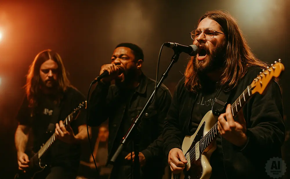 Three men performing music on stage: one with a black guitar, another singing into a microphone, and a third with a white guitar and glasses singing int…