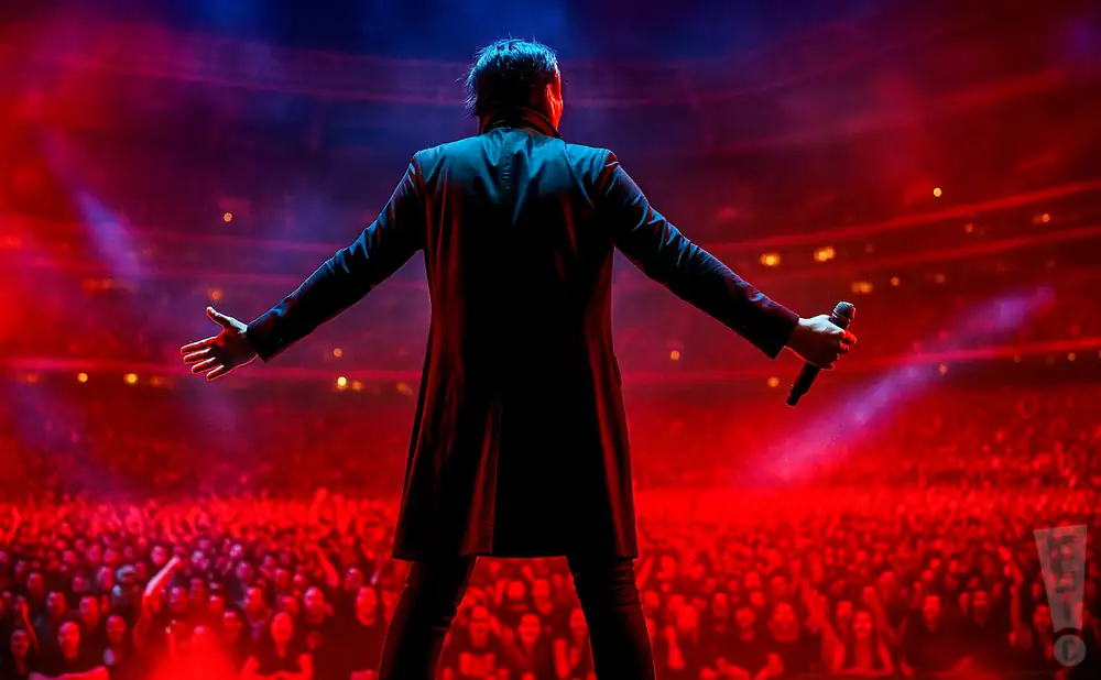 a rear view photo of marilyn manson performing a concert on stage to a lively audience