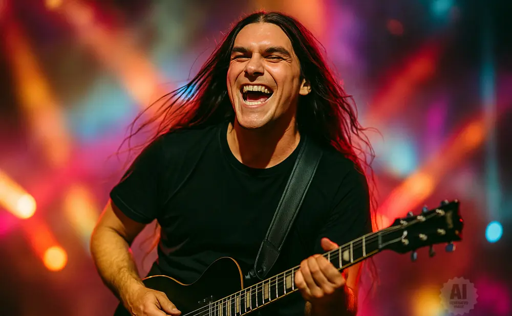 A long-haired man in a black t-shirt plays a black electric guitar on a brightly lit stage.