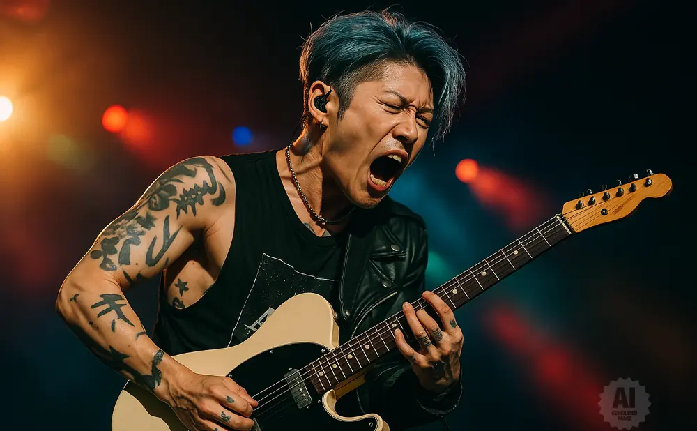 A guitarist with blue hair belts out a song while playing a light-colored electric guitar on stage.