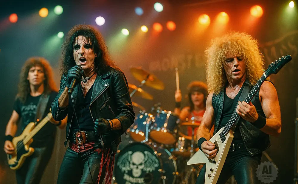 Alice Cooper and band perform on stage with a drummer in the background.