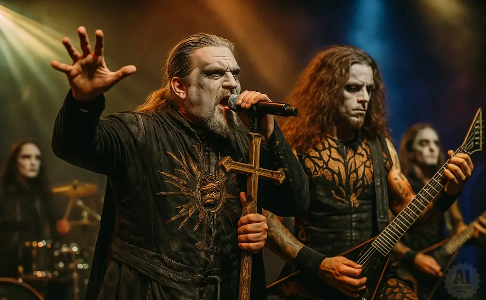 A male vocalist with corpse paint sings into a microphone while holding a golden cross, flanked by guitarists in a band performance.