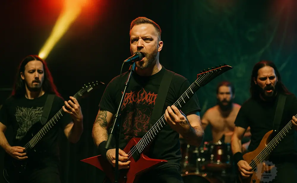 A band performs on stage, with three men playing guitars and a drummer in the background.