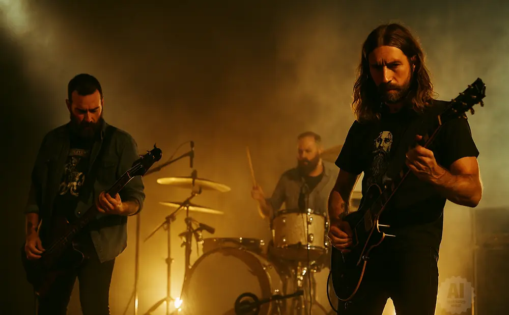 A band performs on stage with bright lights and fog. The guitarist in the foreground plays an electric guitar, while a bassist and drummer are visible i…