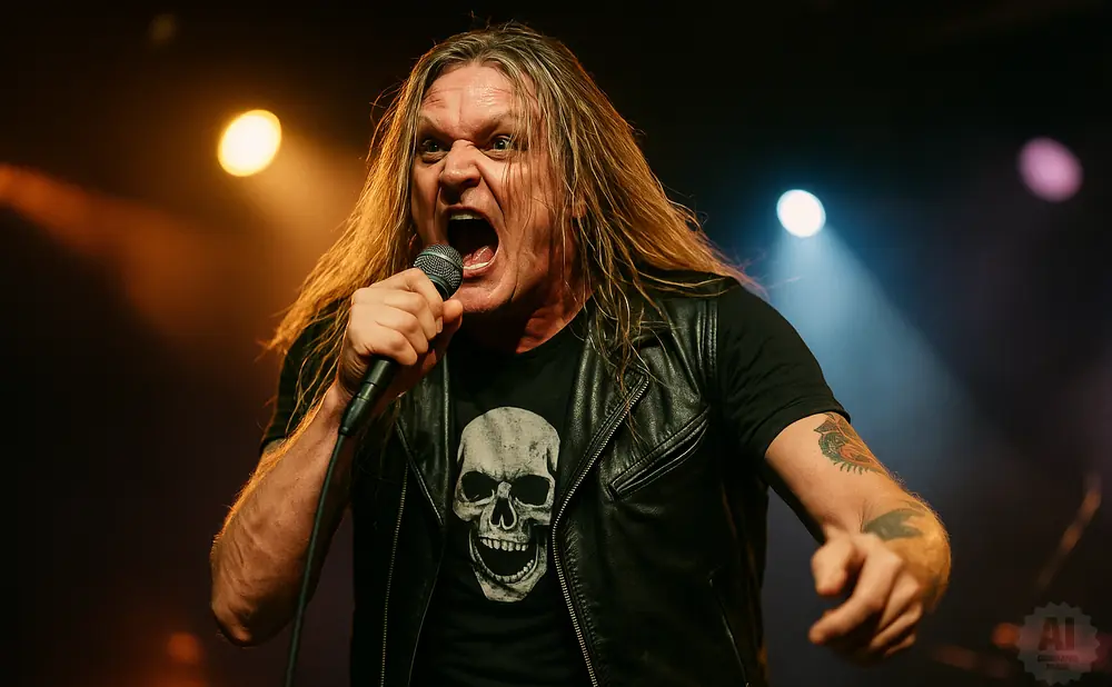 A male heavy metal singer with long blonde hair shouts into a microphone while wearing a black t-shirt with a skull graphic and a leather vest.