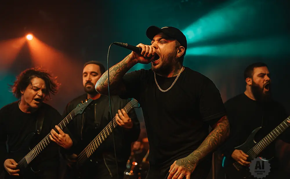 A band performs on stage with dramatic lighting; the lead singer holds a microphone to his mouth.