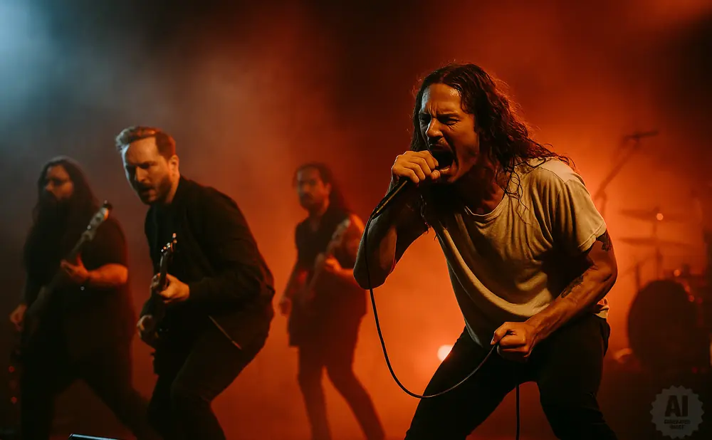 A band performs on stage with red and blue lighting, vocalist in the foreground singing into a microphone.