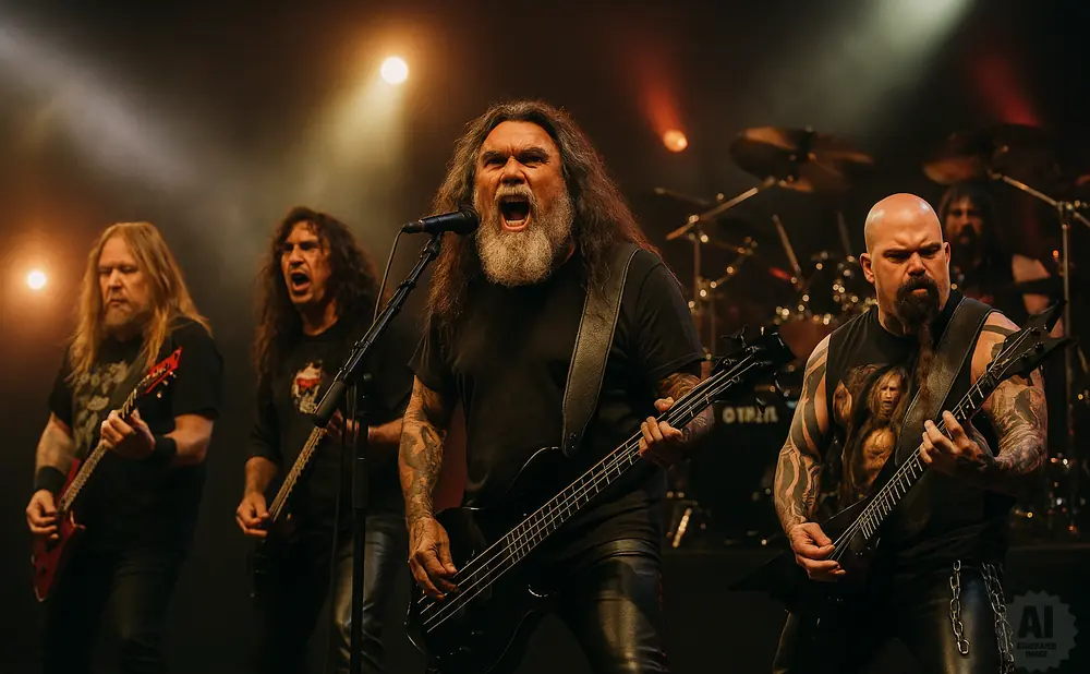 Heavy metal band Slayer performs live, with the lead singer roaring into a microphone while playing bass.