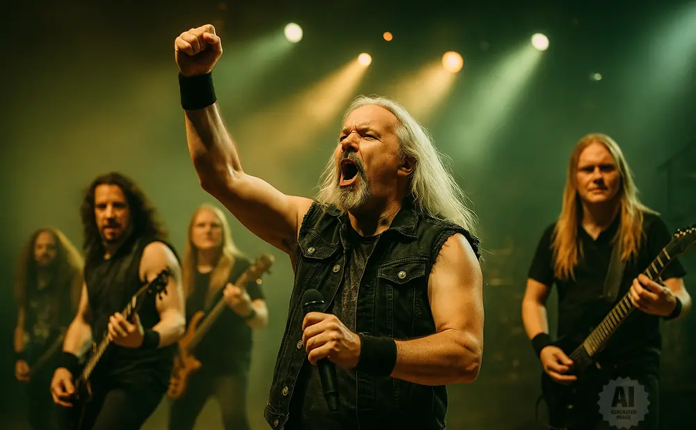 A male rock band performing on stage, with the lead singer shouting into a microphone.