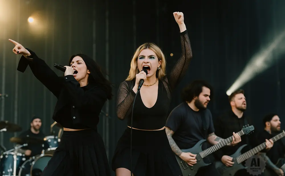 Female singers on stage with guitars and drums.