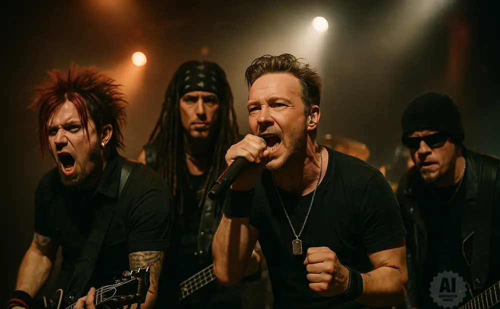 A male singer with a microphone, backed by guitarists and a drummer, performing on a dimly lit stage.